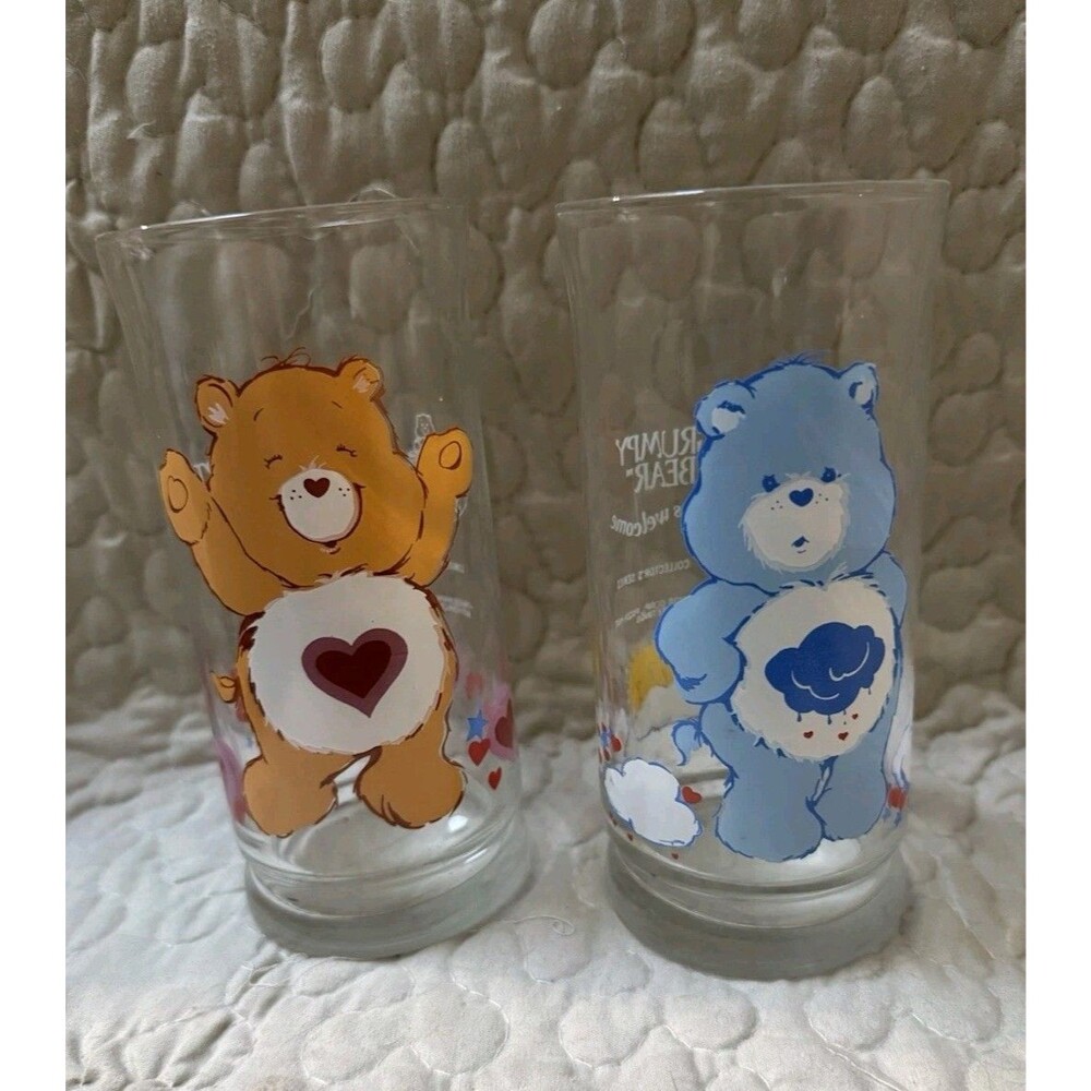 Vintage 1983 Care Bears Pizza Hut Glasses Grumpy Tenderheart Bear Lot of 2